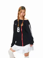 バイカラー切り替えプリントノースリーブオフショルダー長袖Tシャツ【秋用・アメリカンカジュアル】