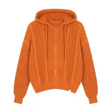 レトロなデザイン！ニットフード付きカーディガン【秋用・極上の柔らかさ・女性用】（セットアップ対応）