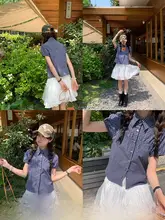 ブルー格子柄短袖ブラウス【パフスリーブ・レトロデザイン・女性用】