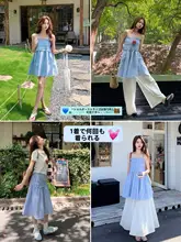 青のチェック柄キャミソールワンピース【女性用・ノースリーブ・リゾートスタイル・ショートスカート】