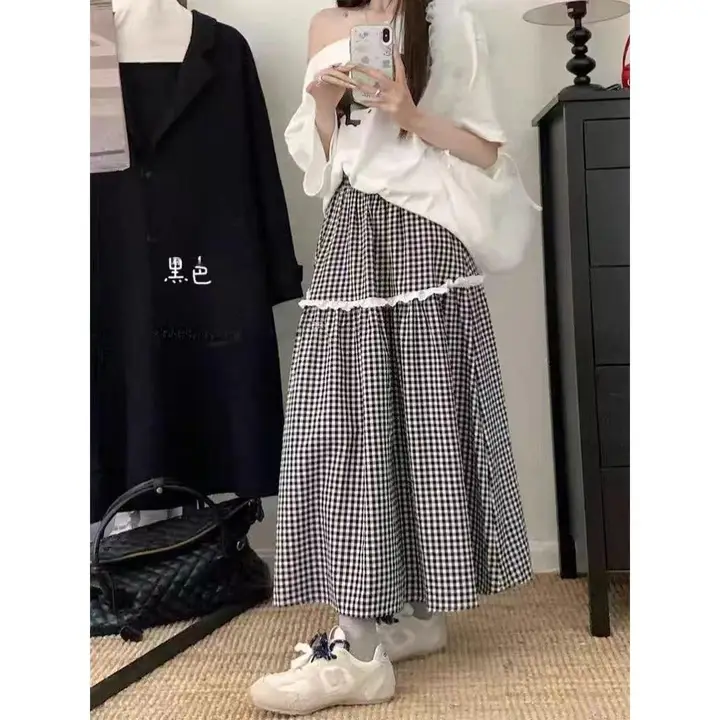 黒白チェック柄のウエストゴムAラインスカート【レースフリル・ロング丈・春夏用】