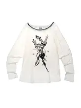 大きな丸首のパンキッシュデザイン ゆったりしたスリーブTシャツ【スラントショルダー・グラフィックプリント・長袖・軽量】