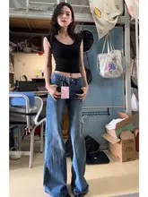 高身長向け 美式ヴィンテージスタイルのブーツカットデニムパンツ【春夏用・着痩せデザイン・ストレート】