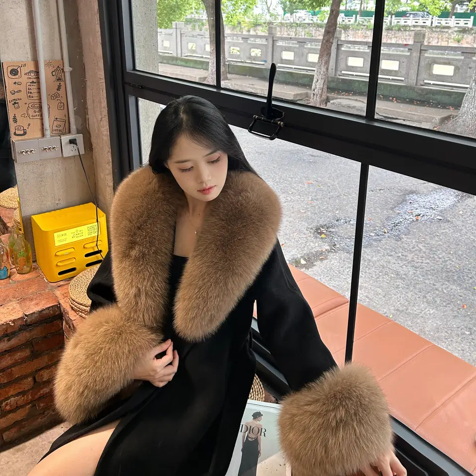 フェイクファー付き ツイード風 ダブルフェイスウールコート【中長丈・ウエストリボン・スタイリッシュ】