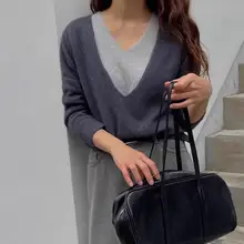 秋冬用100%ウールVネックニットトップス【フェイクレイヤード・トレンドデザイン】（セットアップ対応）