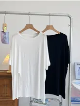 モダール混の中長丈カットソー【短袖・スリットデザイン・ゆったりシルエット・体型カバー効果】