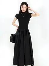レディース 黒の短袖ワンピース【高級感・ウエスト絞り・フレンチスタイル・夏用】