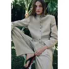 長袖立ち襟デザインジャケット【プリーツ・ビジネススタイル】中腰プリーツカラーブロックストレートパンツ（セットアップ対応）