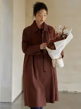 山屿牧玛 カーキ色 中長丈トレンチコート【春秋用・ルーズフィット・レディース】