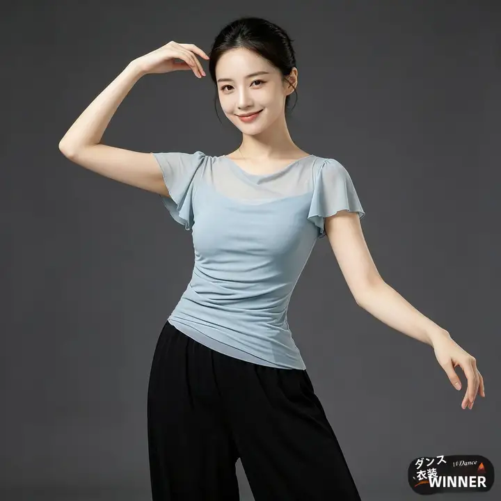 モダンダンス用フィット感のある短袖シャツ【中国舞・民族練習服・ダブルレイヤーのメッシュデザイン】