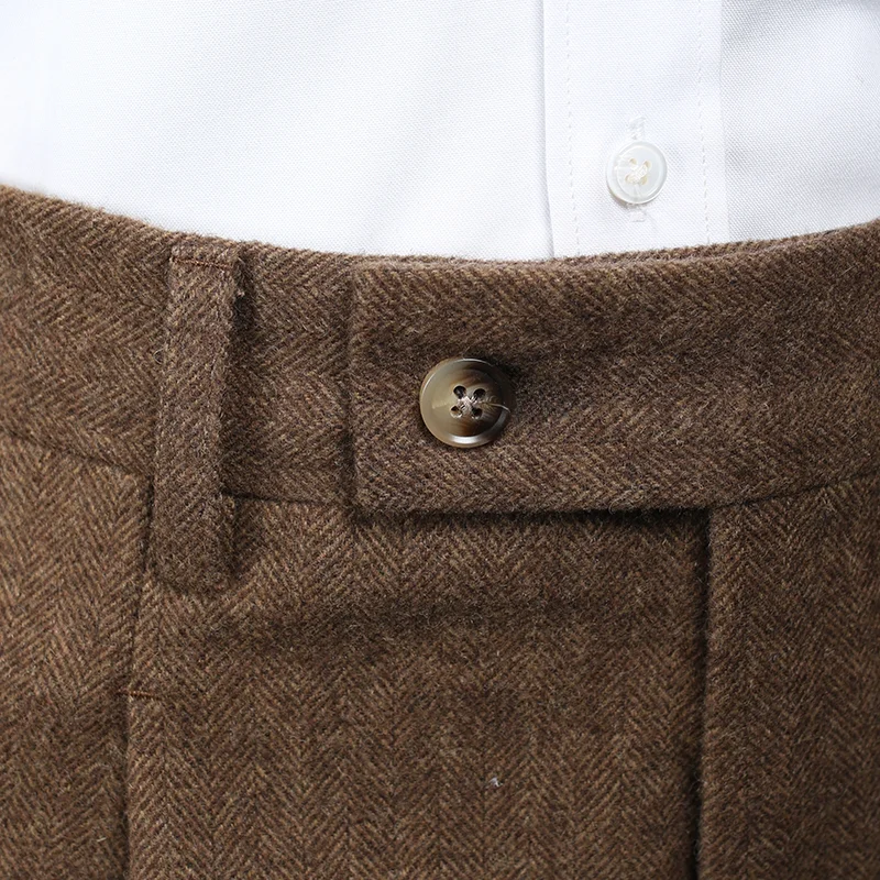 秋冬用 レトロコーヒーカラー メンズハーフパンツ【ウィンターウールブレンド・ヘリンボーン柄】