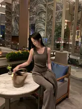 コーヒーブラウンのウールニットパンツ【高腰・ストレート・ワイドレッグ・春用】