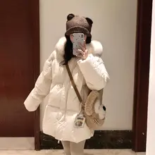 白色フード付き大毛皮襟の短めダウンジャケット【女性用・冬季・おしゃれなデザイン】