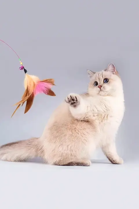 猫じゃらしおもちゃ【鈴付き・羽根・ステンレス製スティック・自動ペット用品】