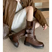ヴィンテージ風 ベルト付きマーチンブーツ【中筒・バイカースタイル・ウエスタンブーツ】