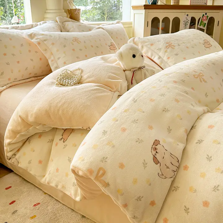 猫デザインの冬用カラフルなミルクベロアベッドリネン4点セット（セットアップ対応）