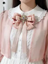 レース付きピンクのリボンブローチ【ストーン装飾・学生スタイル】