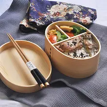無塗装の原木製日本式弁当箱【シンプルデザイン・仕切り付き・布袋付き】