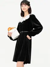 Lagogo ヘプバーン風 ベルベットワンピース【春秋用・ゆったりした子供服・小さな黒いドレス】