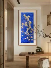 手描きの杏花オイルペインティング【新中式・クラインブルー・玄関用掛け画】