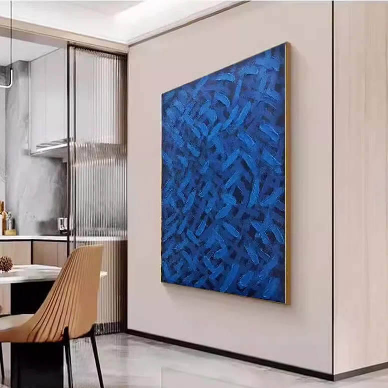 手描き アートフレーム 壁掛け油絵【抽象デザイン・青色・モダン】