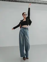 感あふれるハイウエストワイドレッグデニムパンツ【ゆったり・カジュアル・トレンドスタイル】（セットアップ対応）