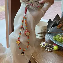 手描きリンゴデザインのビーズ携帯電話ストラップ【可愛いペンギンぬいぐるみ・赤色・防紛失用】