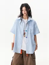 ボタン付きバブルファブリックシャツ【チェック柄・男女兼用・半袖】（セットアップ対応）