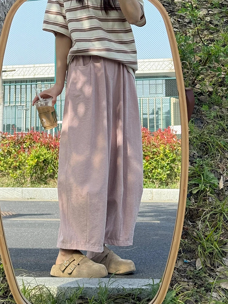 大きいサイズ レディース 夏用パンツ【梨型シルエット・カジュアル・アイスシルク】 ピンク 9分丈パンツ