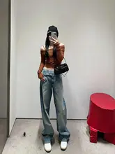 アメリカンレトロデザインのハイウエストストレートジーンズ【ウエストベルト付き・ゆったりフィット】（セットアップ対応）