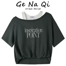 夏にぴったり！文字プリントのカジュアルコンビネーションTシャツ【デザイン性・スリムフィット】（セットアップ対応）