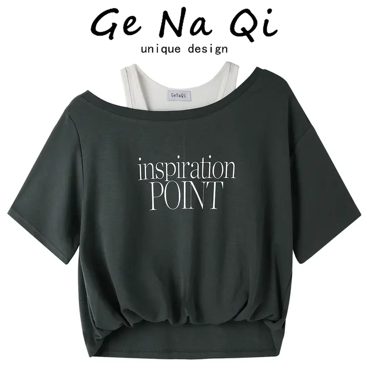 夏にぴったり！文字プリントのカジュアルコンビネーションTシャツ【デザイン性・スリムフィット】（セットアップ対応）