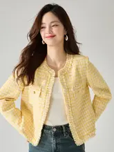 秋季 フランス風 イエロー ショート ツイードコート【エレガント・フリンジデザイン】