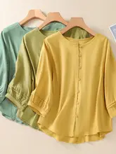 オーガニックコットンリネン製 九分袖シャツ【女性用・フィット・ラウンドネック・シンプルデザイン】