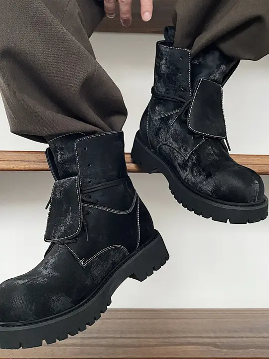 秋冬用 レトロ 厚底 メンズマーチンブーツ【革新的な折り返しデザイン・アウトドア・バイカースタイル・ハイカット】