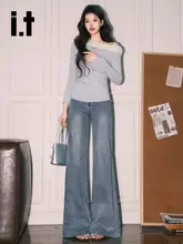 レトロレースデザインのフレアジーンズ【浅青色・ハイウエスト・ゆったりシルエット】