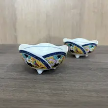 和風レトロ陶器高足小皿【植物デザイン・釉薬仕上げ・小鉢】