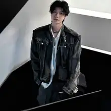 ビンテージ風 デザインデニムジャケット【肩パッド付き・フリンジ仕上げ・メンズ】
