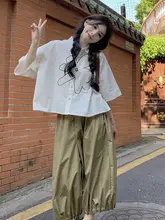 大きいサイズ レディース 夏用 ファッションシルエットを引き立てる刺繍シャツ【シンプルデザイン・ワイドレッグ七分丈パンツ】（セットアップ対応）