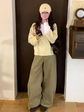 ハイウエストカジュアルカーキカラーのワイドレッグデニムパンツ【春用・スリムストレート・ロング丈】（セットアップ対応）