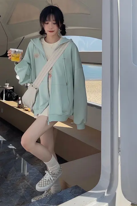 女性用 グリーンフード付きスウェットカーディガン【春秋用・フィット・ゆったりサイズ】