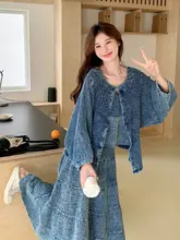おしゃれなデニムカーディガンとキャミワンピース【春夏用・スリムフィット・三点セット・セットアップ対応】