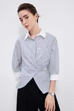 青いストライプの工装シャツ【女性用・カジュアル・フィット】