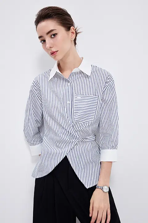 青いストライプの工装シャツ【女性用・カジュアル・フィット】