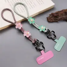 短めの携帯用ストラップ【色彩模様・桜デザイン・調整可能・安全紐付き】