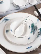 高級中華風ホテル用テーブルウェア【金縁の山水墨画・陶器製・プレート、ボウル、スプーン、カップ、箸】（セットアップ対応）