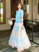 ブルーとピンクのグラデーション チュニック付きシフォンスカート【夏のカジュアルコーデ・半袖】（セットアップ対応）