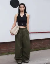 カーゴパンツ レディース ワイドパンツ カジュアル ドローストリング ミリタリーグリーン ゆったり