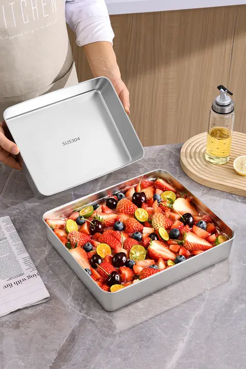 食品グレードのステンレス製角皿【フタ付き・長方形・料理の盛り付け用】