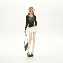 長袖Tシャツ レディース ドレープネック フェイクレイヤード レースパッチワーク フィット 初春 アメリカンスタイル 甘辛MIX